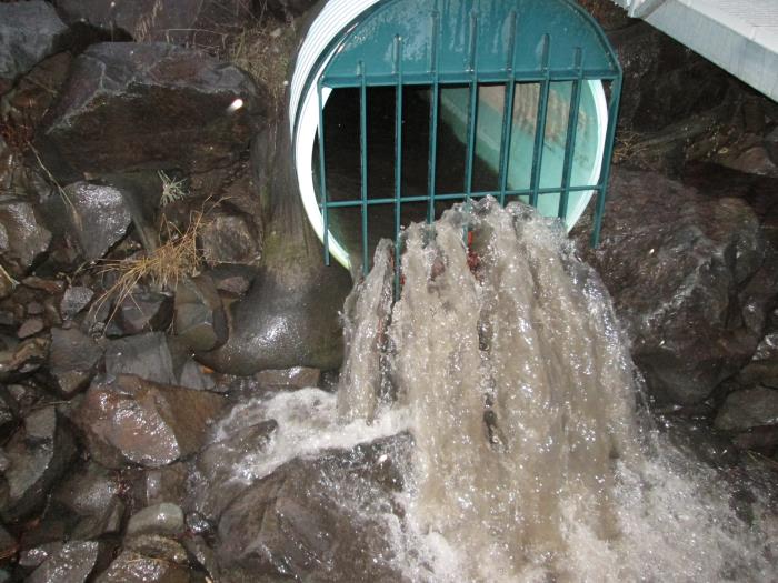 Stormwater pipe draining water.